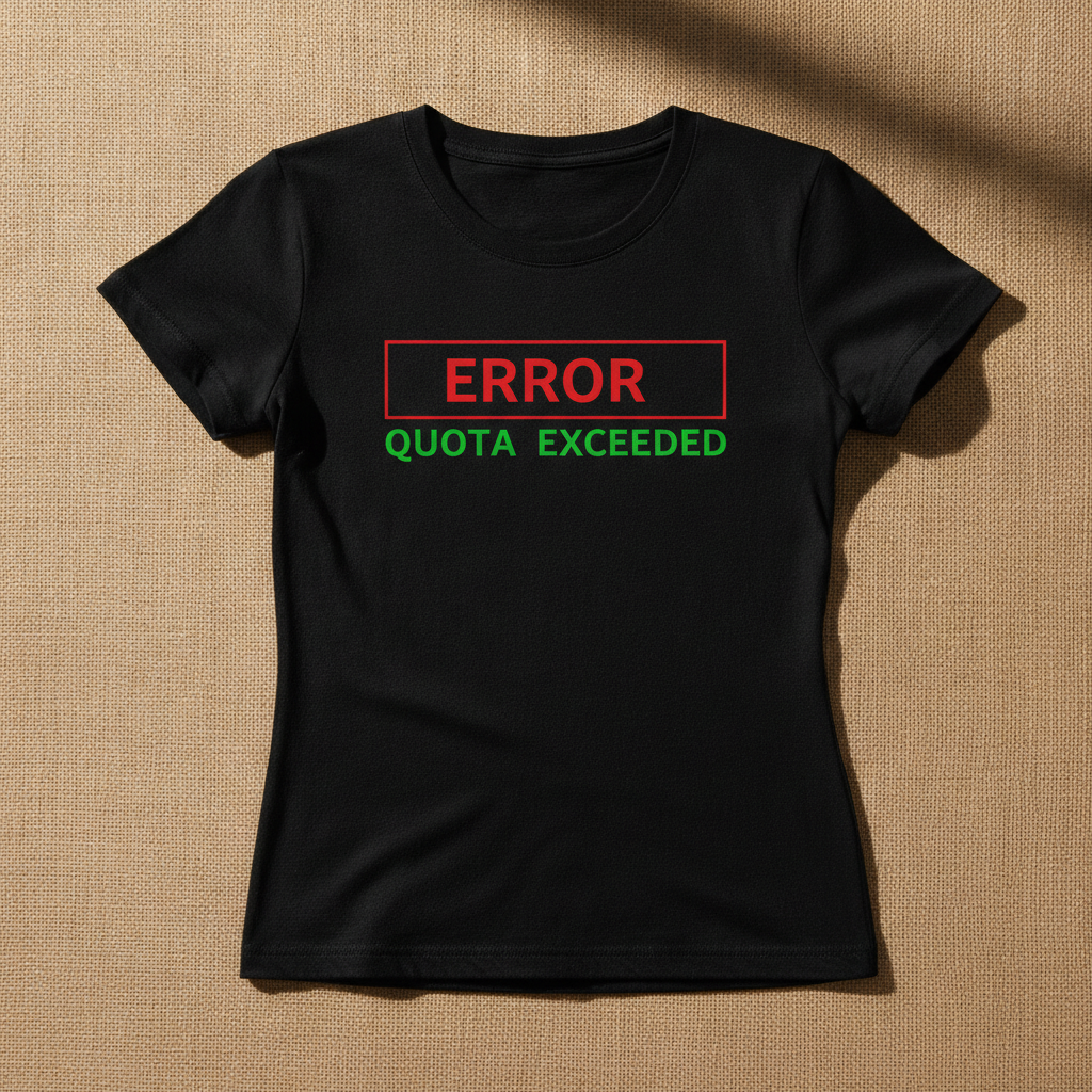 Token Usage Quota fitted tee in black, printed with ERROR QUOTA EXCEEDED in red and green, laid flat on a tan background