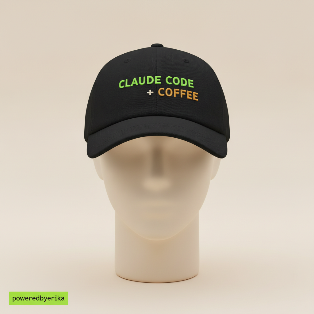 Claude Code, N8N, Coffee hat in black, embroidered with CLAUDE CODE + COFFEE in green and orange, on a foam mannequin head