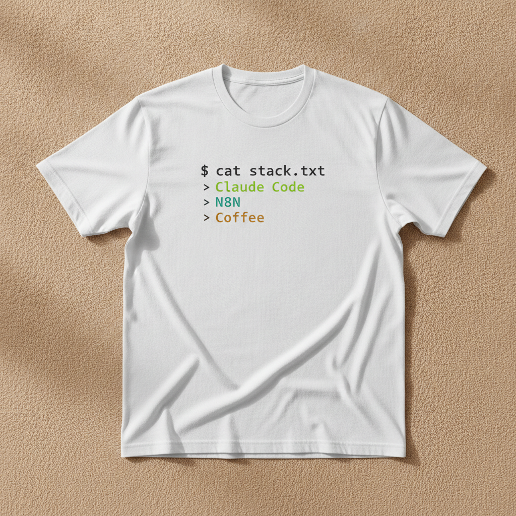 Claude Code, N8N, Coffee tee in white, printed with $ cat stack.txt and Claude Code, N8N, Coffee in code style lettering, laid flat