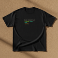 Claude Code, N8N, Coffee tee in black, printed with $ cat stack.txt and Claude Code, N8N, Coffee in code style lettering, laid flat
