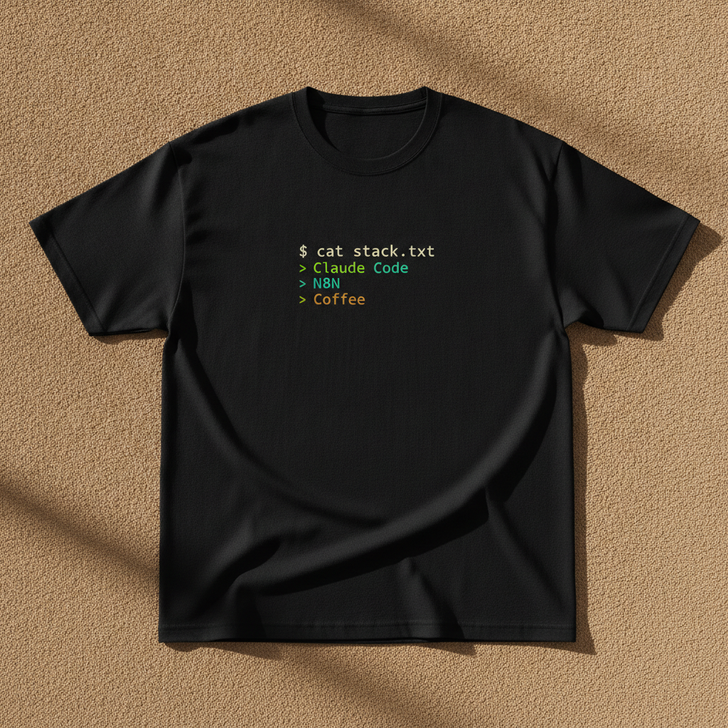 Claude Code, N8N, Coffee tee in black, printed with $ cat stack.txt and Claude Code, N8N, Coffee in code style lettering, laid flat