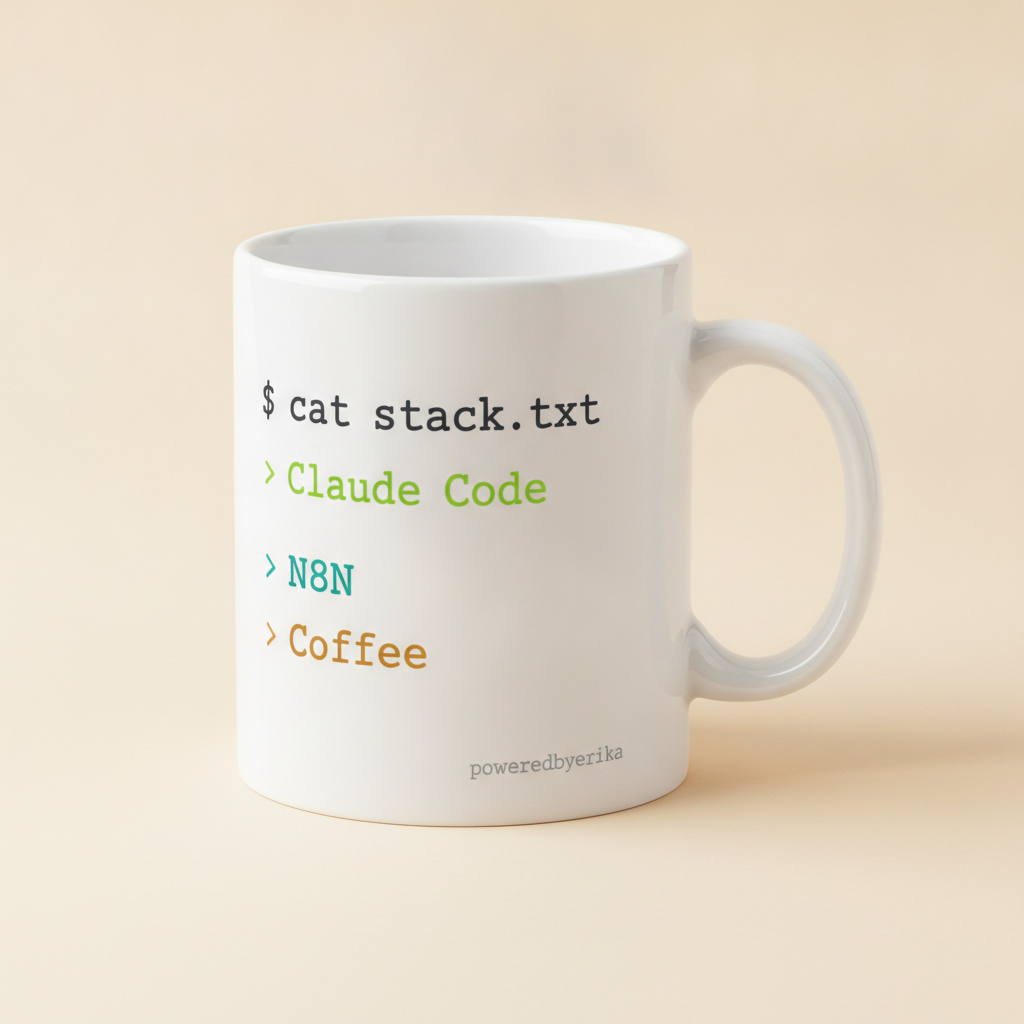 Claude Code, N8N, Coffee mug in white, printed with $ cat stack.txt and Claude Code, N8N, Coffee in green, teal and orange code style lettering