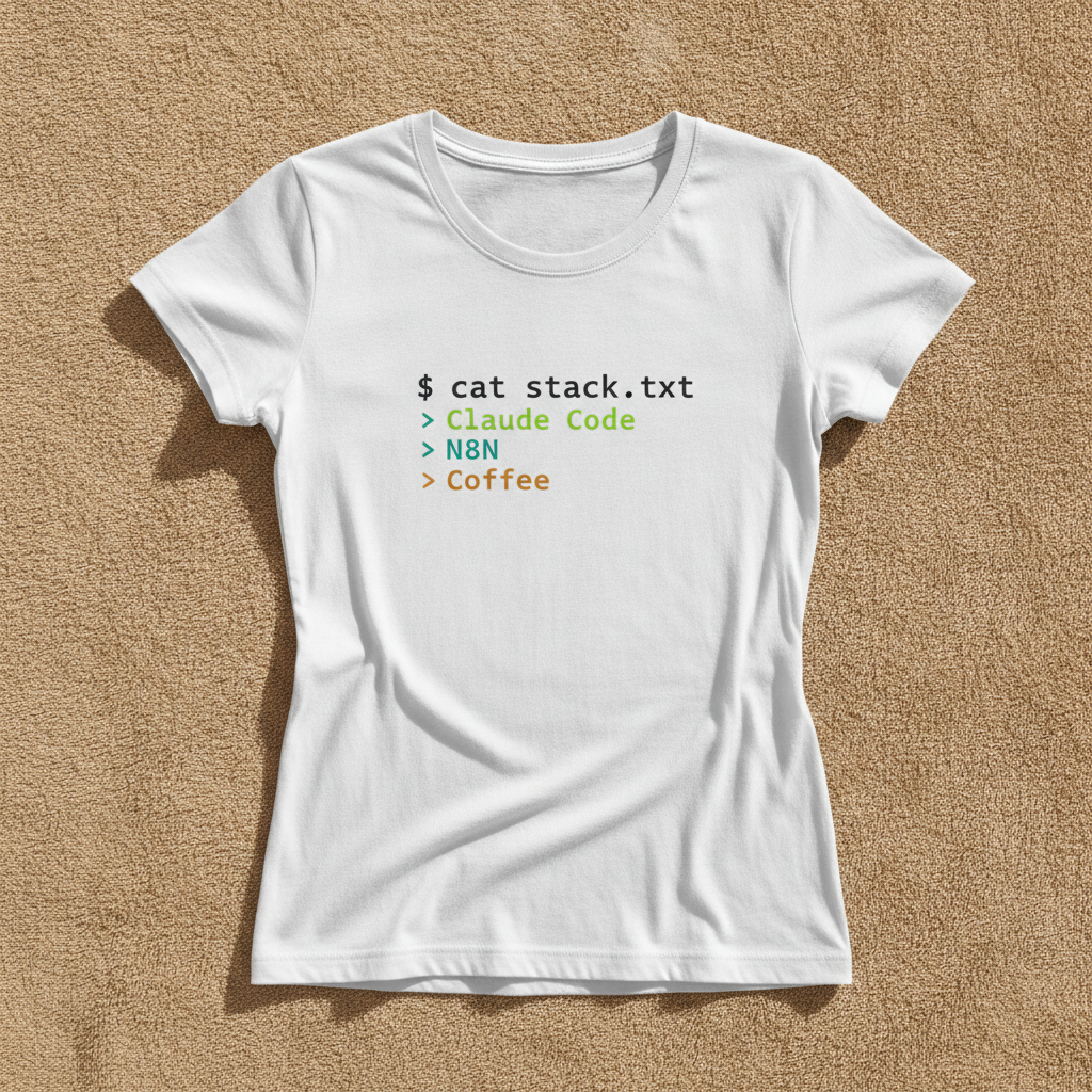 Claude Code, N8N, Coffee fitted tee in white, printed with $ cat stack.txt and Claude Code, N8N, Coffee in code style lettering, laid flat