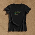 Claude Code, N8N, Coffee fitted tee in black, printed with $ cat stack.txt and Claude Code, N8N, Coffee in code style lettering, laid flat