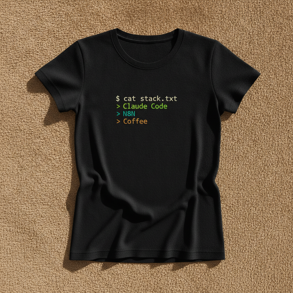 Claude Code, N8N, Coffee fitted tee in black, printed with $ cat stack.txt and Claude Code, N8N, Coffee in code style lettering, laid flat