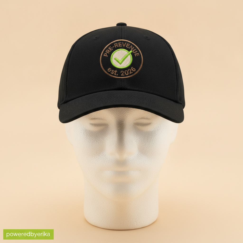 Pre-Revenue hat in black with a round PRE-REVENUE est. 2026 badge and green check mark, on a foam mannequin head