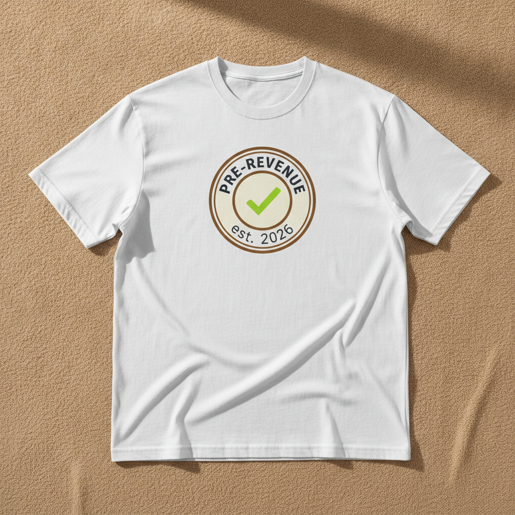 Pre-Revenue tee in white with a round PRE-REVENUE est. 2026 badge and green check mark, laid flat on a tan background