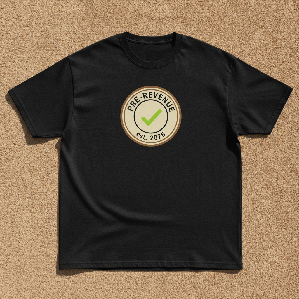 Pre-Revenue tee in black with a round PRE-REVENUE est. 2026 badge and green check mark, laid flat on a tan background