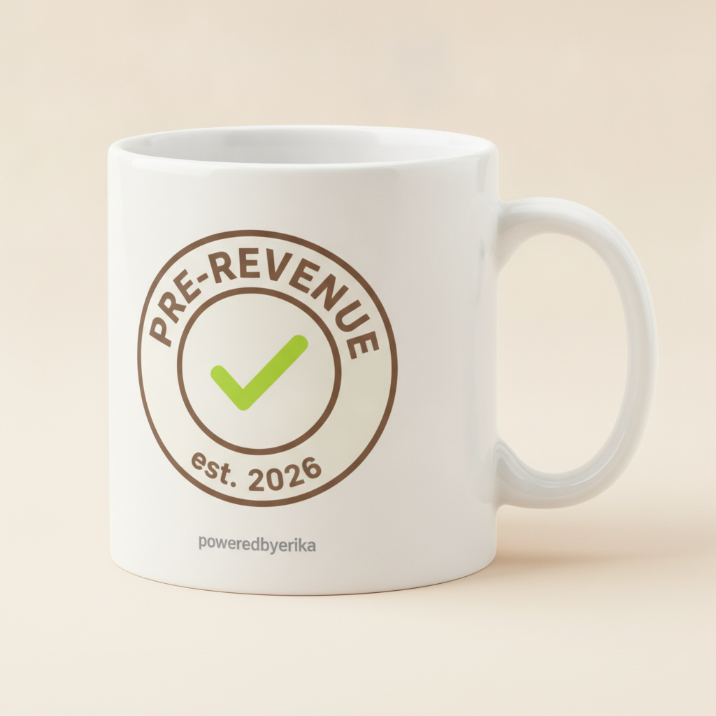 Pre-Revenue mug in white, printed with a round PRE-REVENUE est. 2026 badge with a green check mark