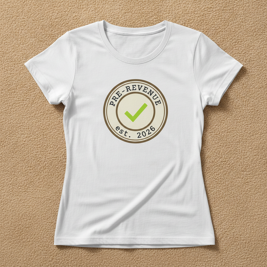 Pre-Revenue fitted tee in white with a round PRE-REVENUE est. 2026 badge and green check mark, laid flat on a tan background