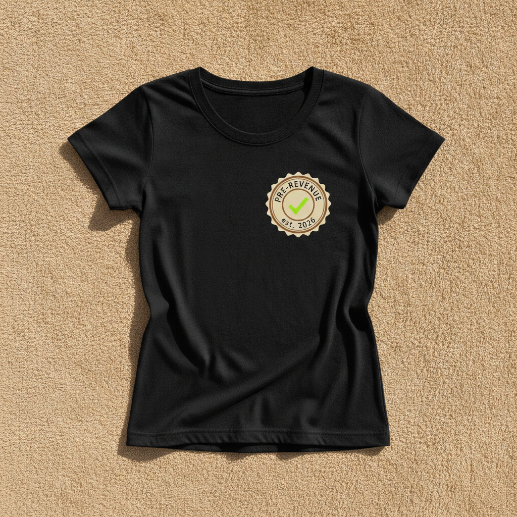 Pre-Revenue fitted tee in black with a small round PRE-REVENUE est. 2026 badge and green check mark, laid flat on a tan background