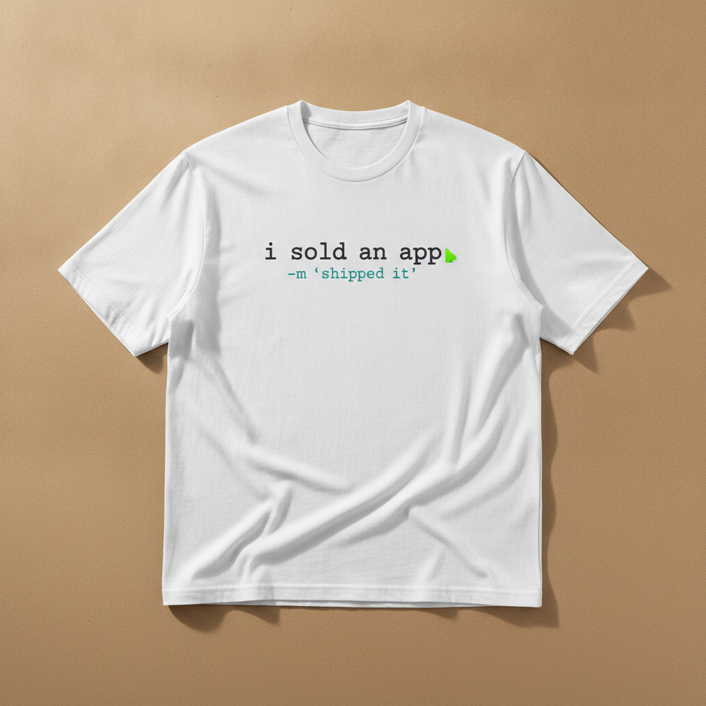 I Sold An App tee in white, printed with i sold an app and -m shipped it in code style lettering, laid flat on a tan background