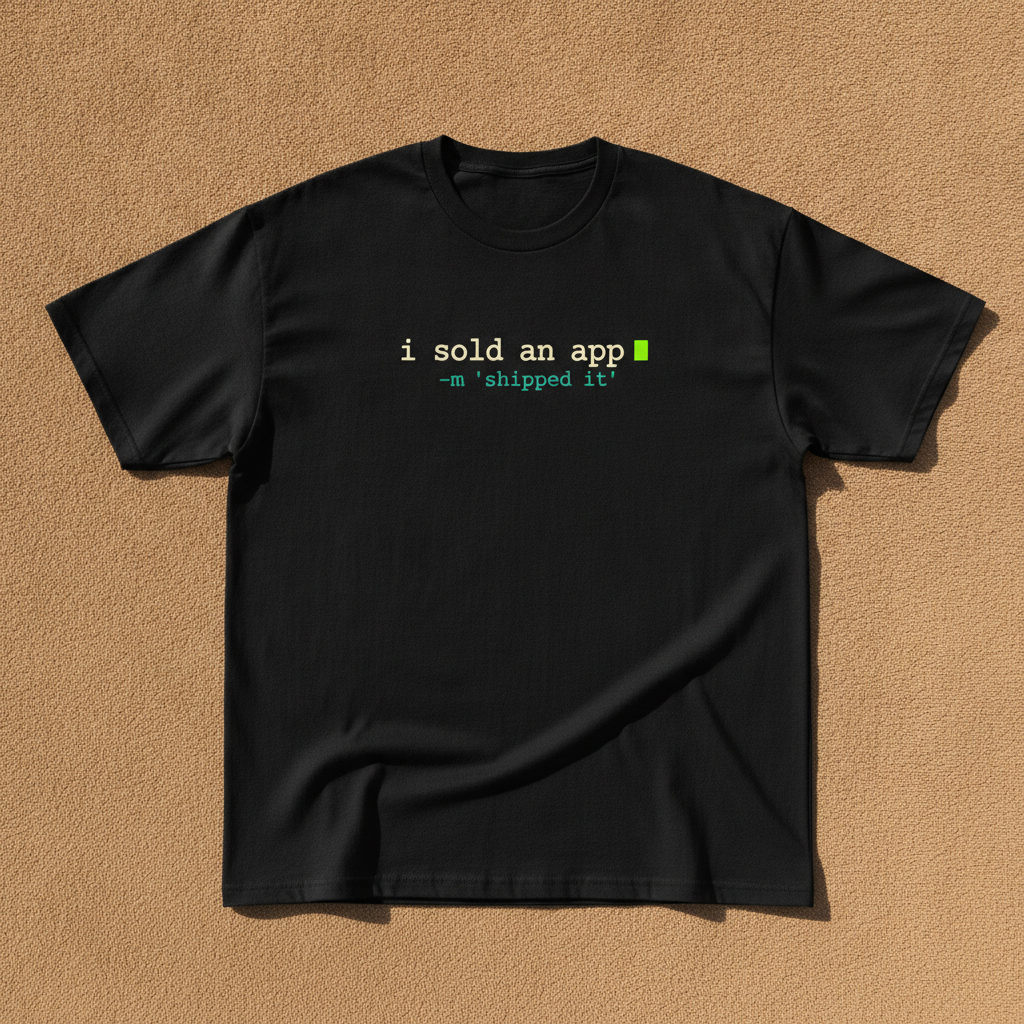 I Sold An App tee in black, printed with i sold an app and -m shipped it in code style lettering, laid flat on a tan background