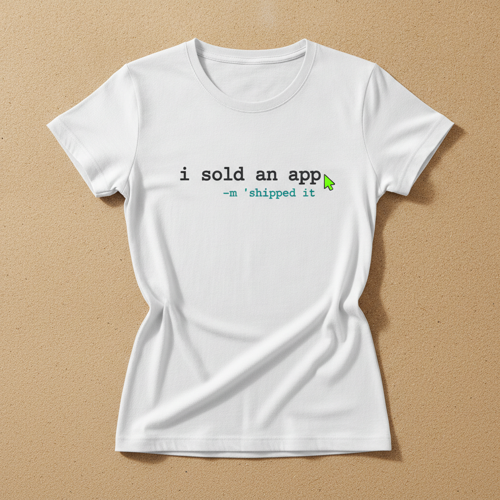 I Sold An App fitted tee in white, printed with i sold an app and -m shipped it in code style lettering, laid flat on a tan background