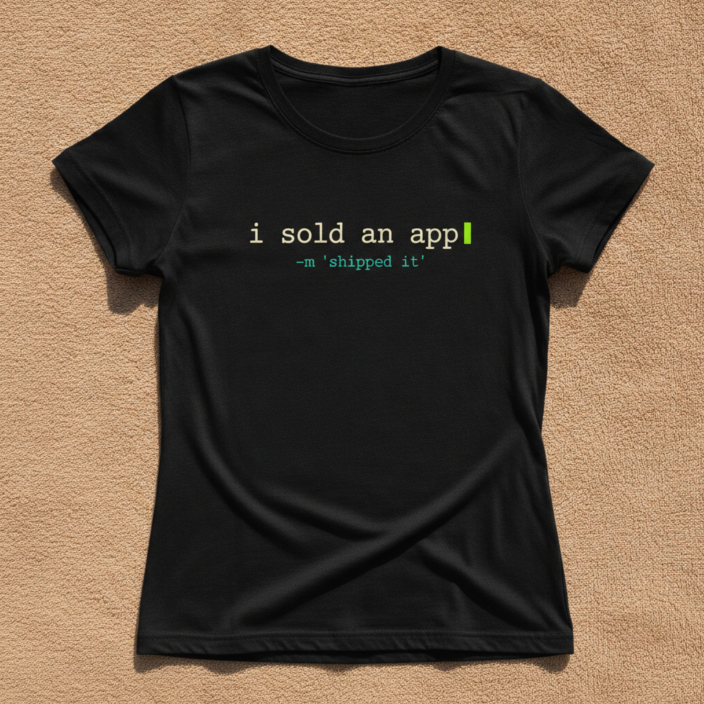 I Sold An App fitted tee in black, printed with i sold an app and -m shipped it in code style lettering, laid flat on a tan background