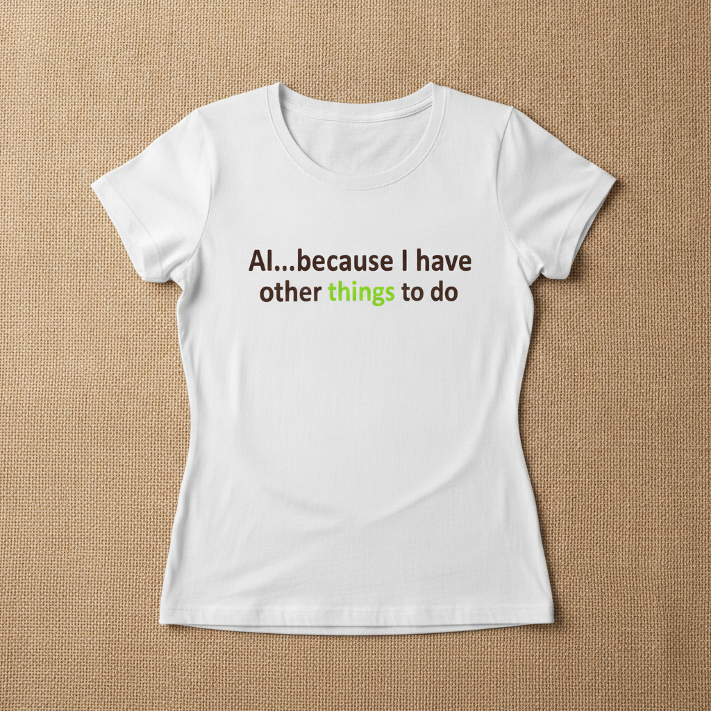 AI...Because I Have Other Things To Do fitted tee in white, with the slogan AI...because I have other things to do in black and green lettering, laid flat