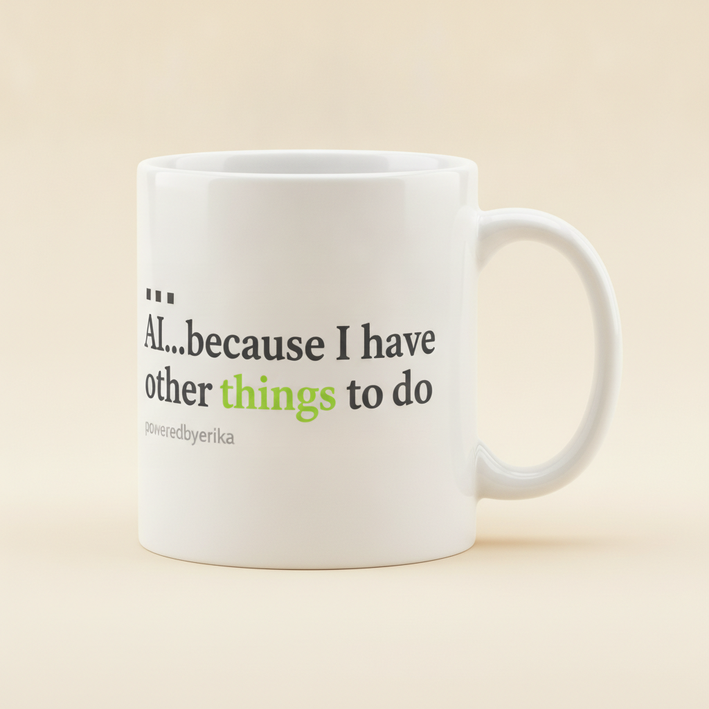 AI...Because I Have Other Things To Do mug in white, with the slogan AI...because I have other things to do in gray and green serif lettering