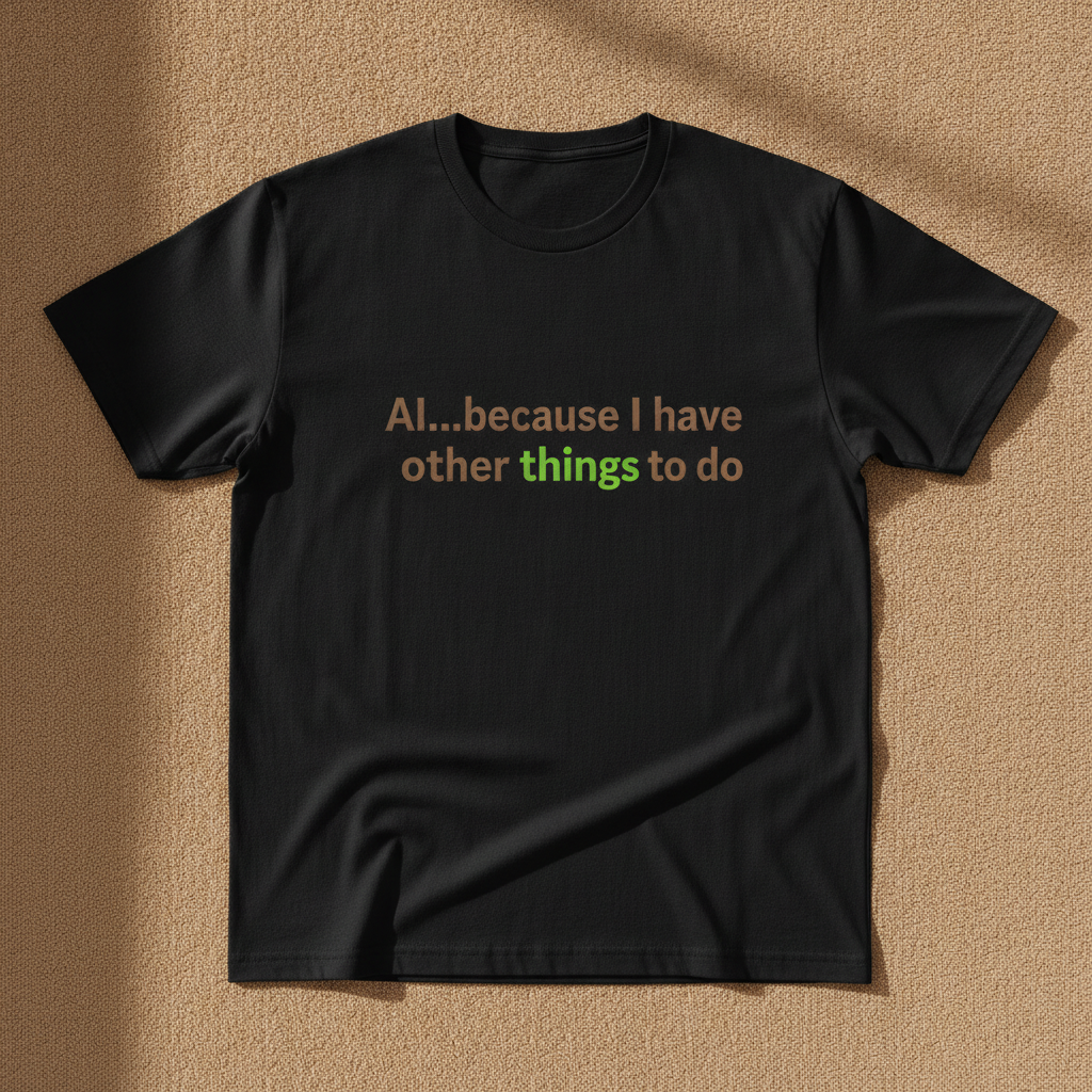 AI...Because I Have Other Things To Do tee in black, with the slogan AI...because I have other things to do in tan and green lettering, laid flat
