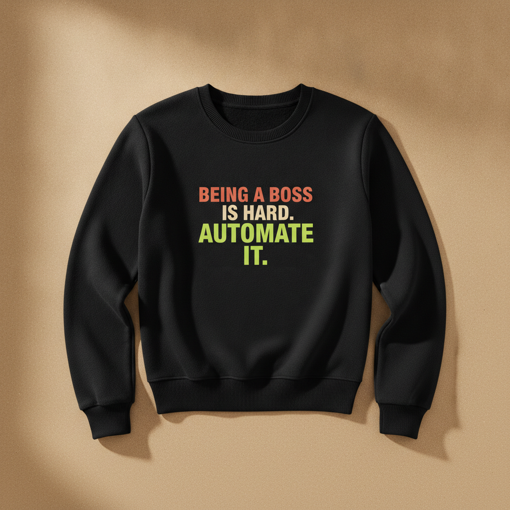 Being A Boss Is Hard fitted sweater in black, printed with BEING A BOSS IS HARD. AUTOMATE IT. in coral, cream and green, laid flat