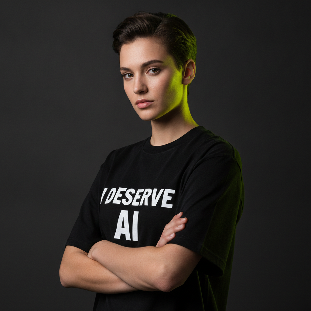 Model with arms crossed wearing a black I Deserve AI tee with white lettering, against a dark backdrop, Powered By Erika campaign photo