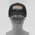 AI Automation = Extended Vacation hat in black with an orange and teal patch and an OUT OF OFFICE stamp, shown on a gray mannequin head