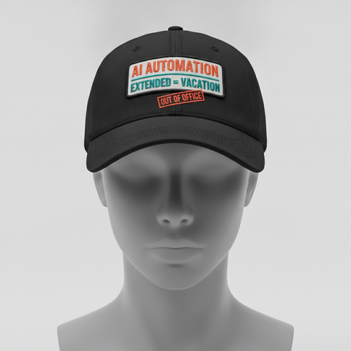 AI Automation = Extended Vacation hat in black with an orange and teal patch and an OUT OF OFFICE stamp, shown on a gray mannequin head