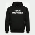 Black pullover hoodie printed with TECH FOUNDER in bold white block letters, unisex fit