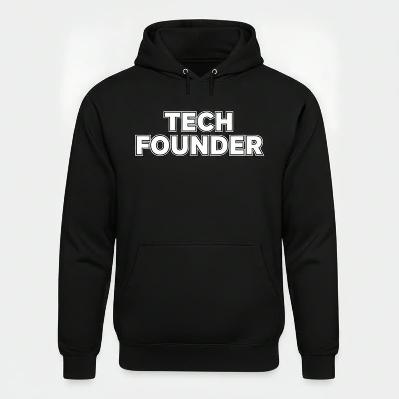 Black pullover hoodie printed with TECH FOUNDER in bold white block letters, unisex fit