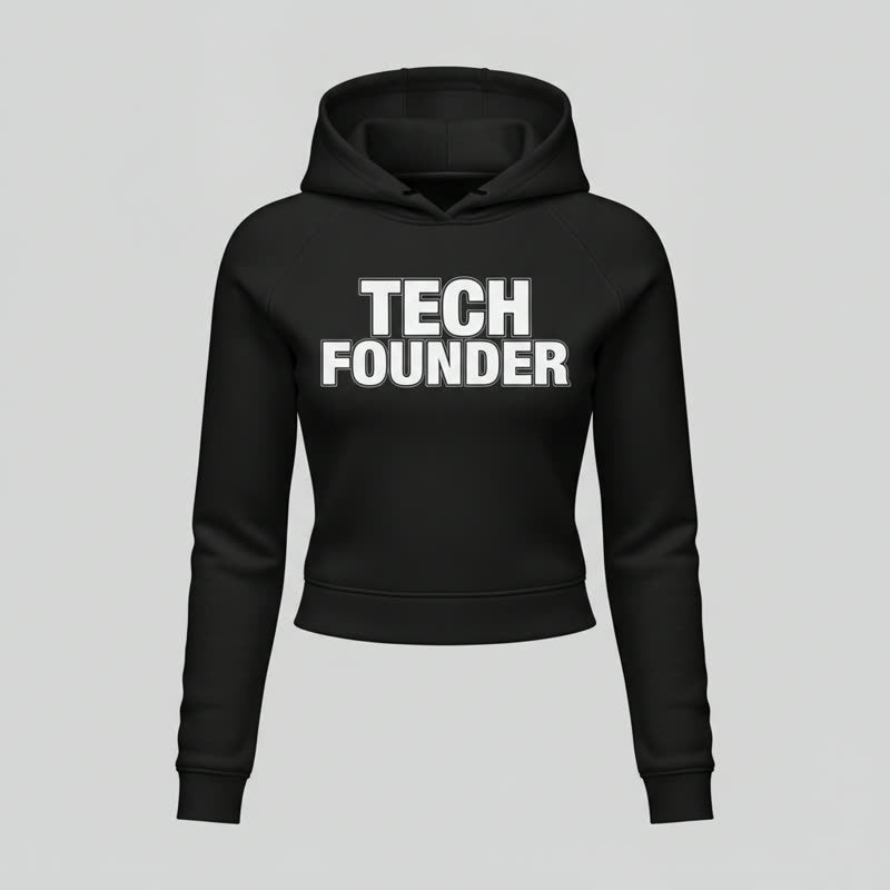 Black cropped hoodie in women's fit printed with TECH FOUNDER in bold white block letters