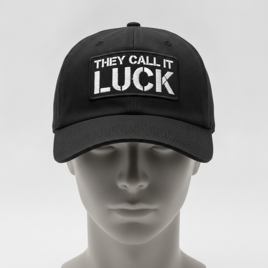 Grind Stencil hat in black with a THEY CALL IT LUCK stencil patch, shown on a gray mannequin head