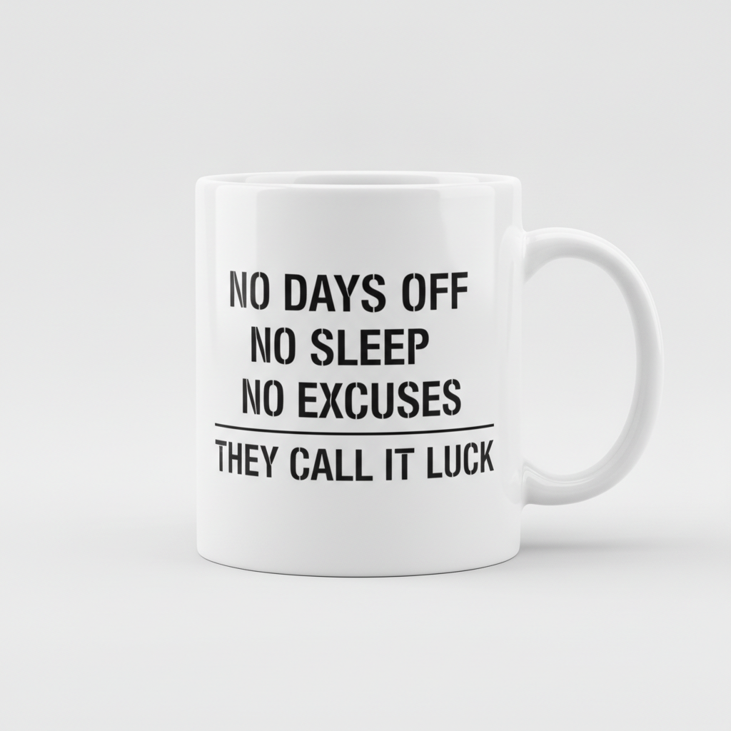 Grind Stencil mug in white, printed with NO DAYS OFF NO SLEEP NO EXCUSES THEY CALL IT LUCK in black stencil lettering