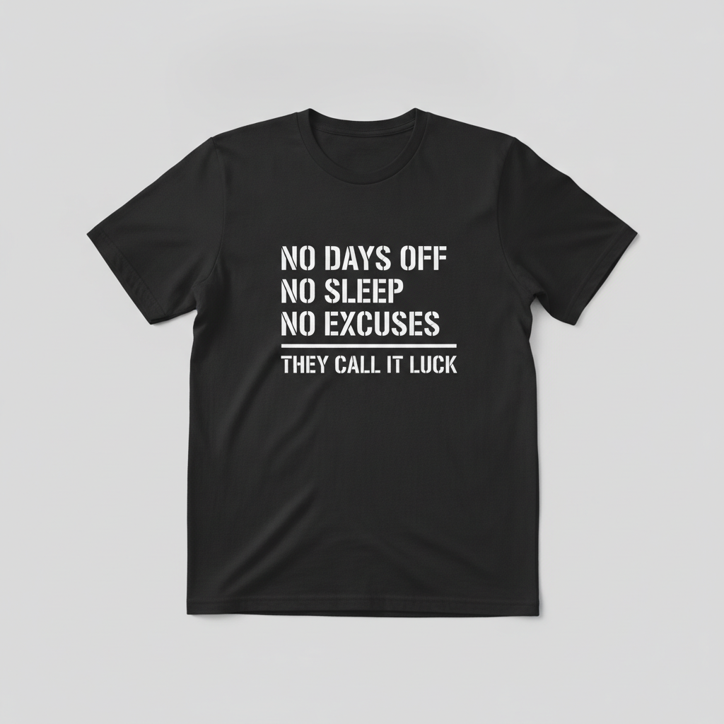 Grind Stencil fitted tee in black, printed with NO DAYS OFF NO SLEEP NO EXCUSES THEY CALL IT LUCK in white stencil lettering