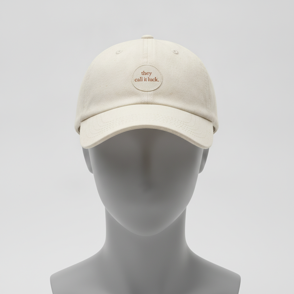Quiet Luck hat in cream with a small round they call it luck. patch, shown on a gray mannequin head