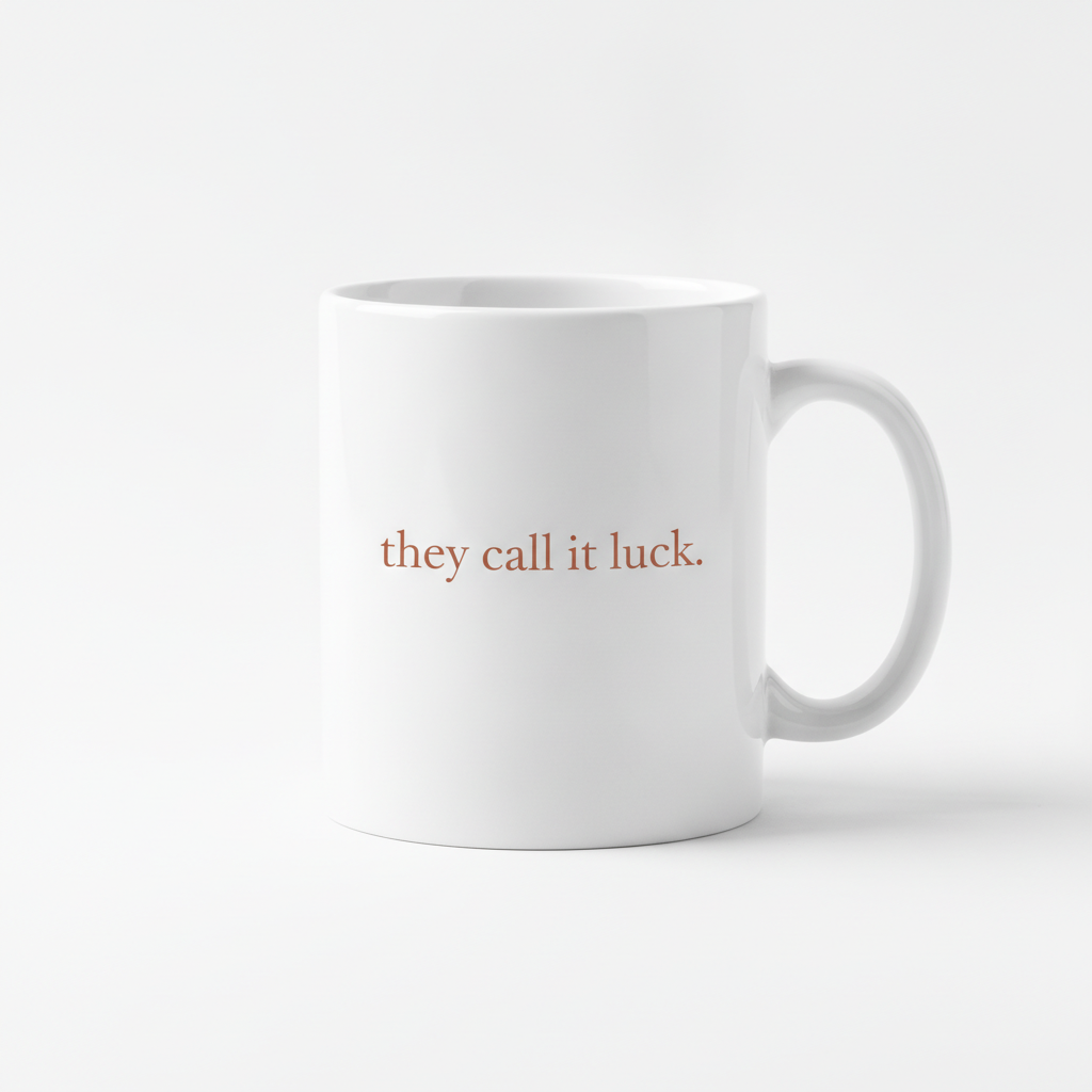 Quiet Luck mug in white, printed with they call it luck. in small rust colored serif lettering