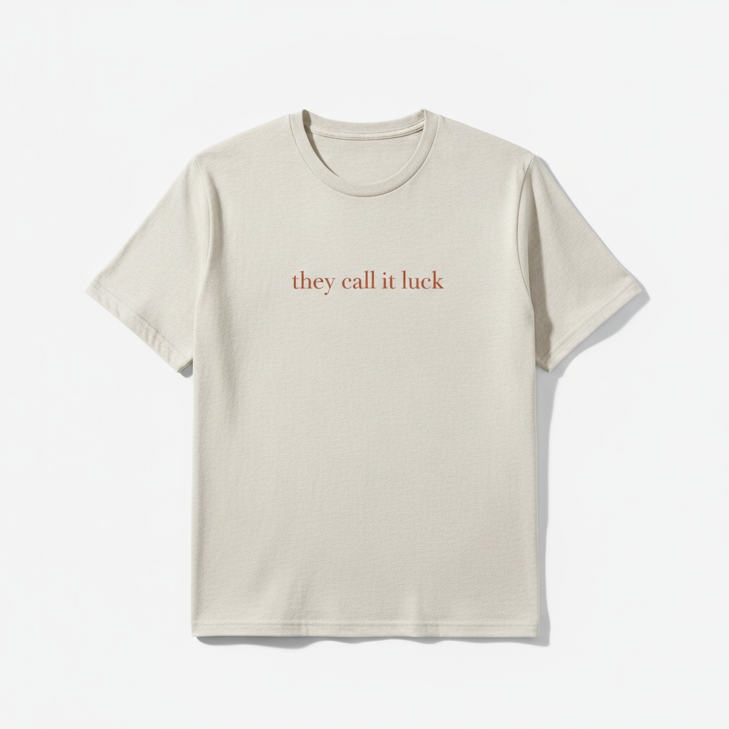 Quiet Luck tee in cream, printed with they call it luck in small rust colored serif lettering, laid flat