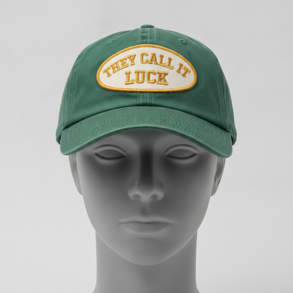 Est. Grind Varsity hat in green with a cream and gold THEY CALL IT LUCK patch, shown on a gray mannequin head