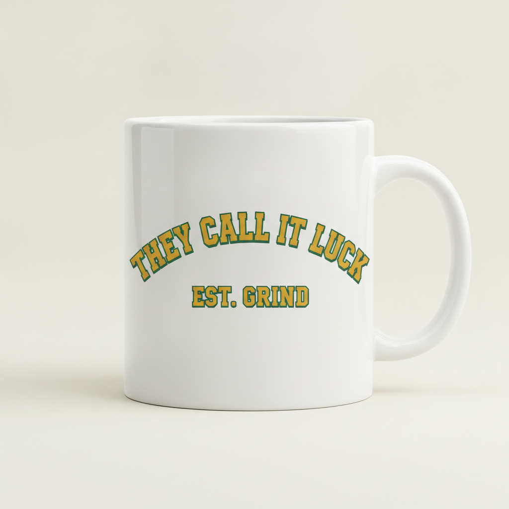 Est. Grind Varsity mug in white, printed with THEY CALL IT LUCK EST. GRIND in green and gold varsity lettering