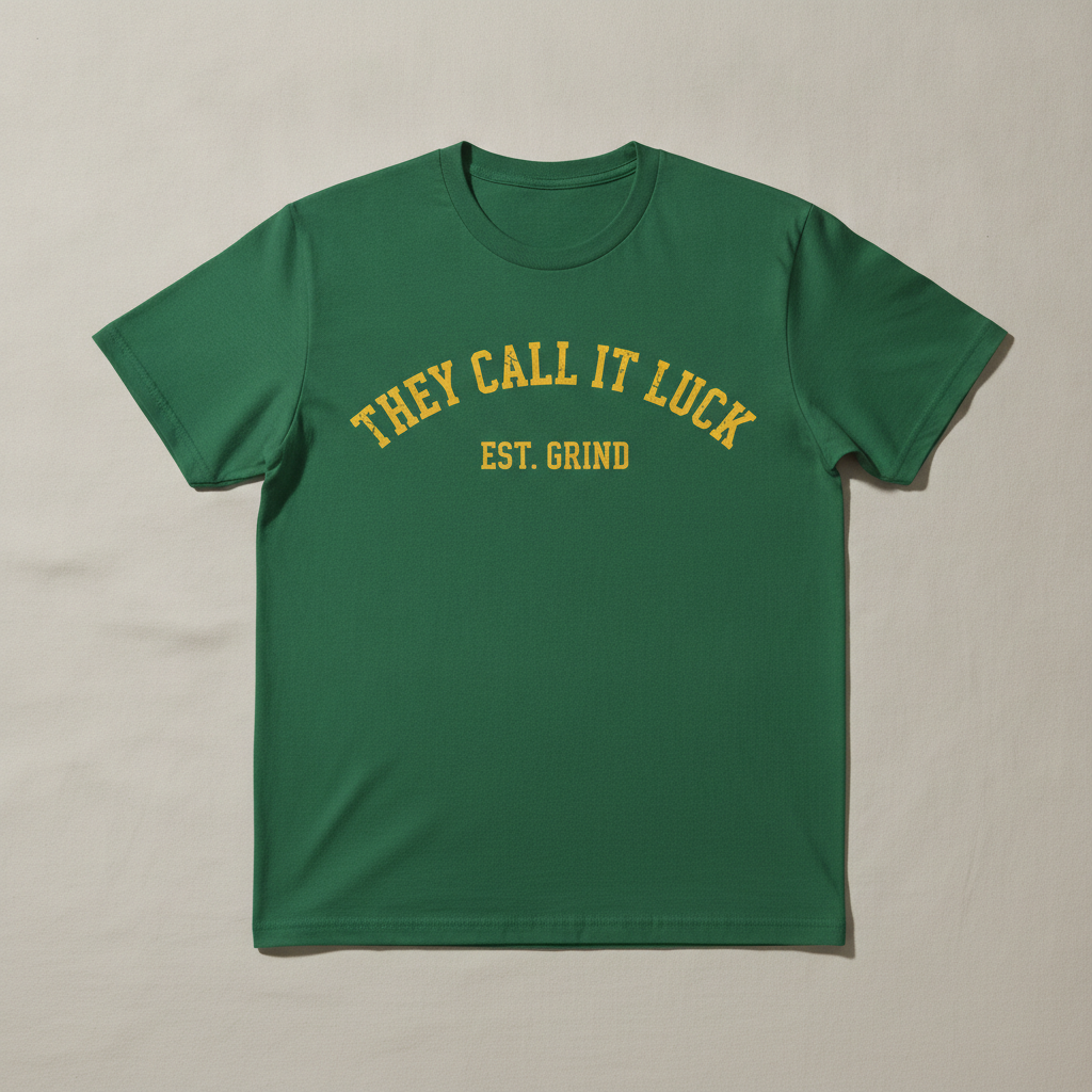 Est. Grind Varsity tee in green, printed with THEY CALL IT LUCK EST. GRIND in gold varsity lettering, laid flat