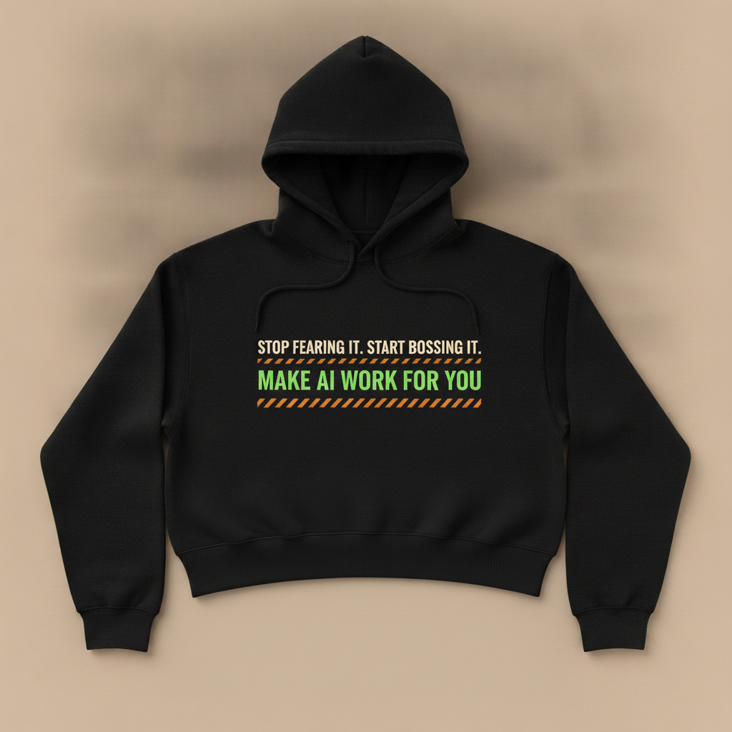 Make AI Work For You cropped hoodie in black, with STOP FEARING IT. START BOSSING IT. and MAKE AI WORK FOR YOU in a caution striped box, laid flat