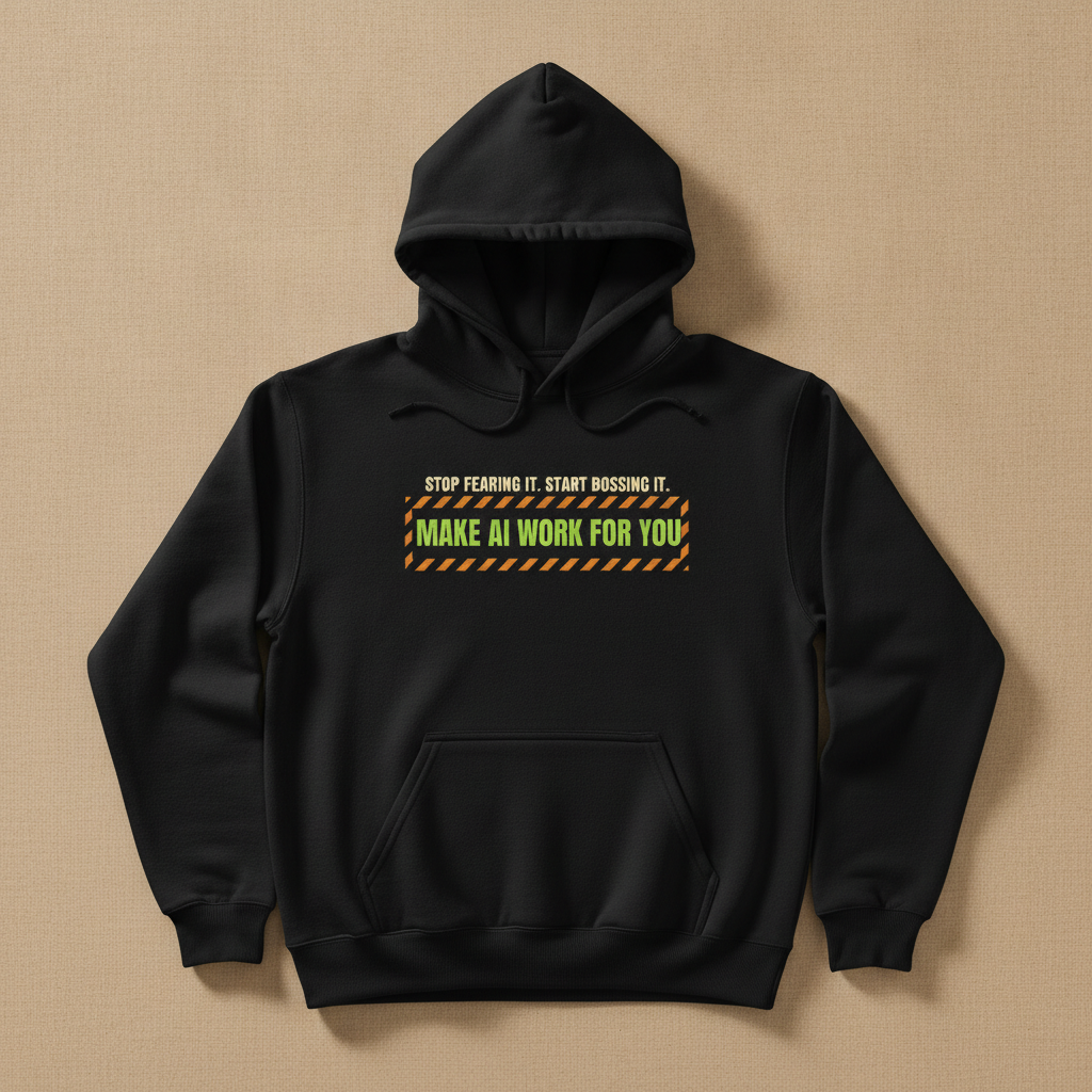 Make AI Work For You hoodie in black, with STOP FEARING IT. START BOSSING IT. and MAKE AI WORK FOR YOU in a caution striped box, laid flat