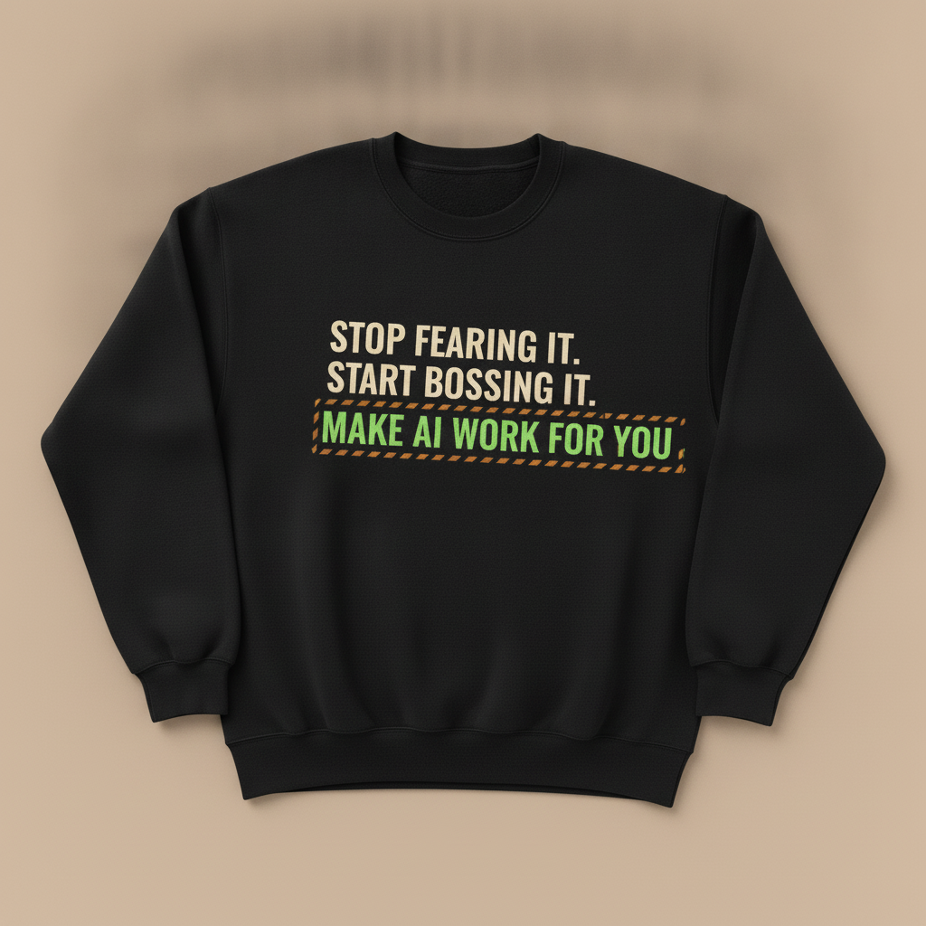 Make AI Work For You sweater in black, with STOP FEARING IT. START BOSSING IT. and MAKE AI WORK FOR YOU in a caution striped box, laid flat
