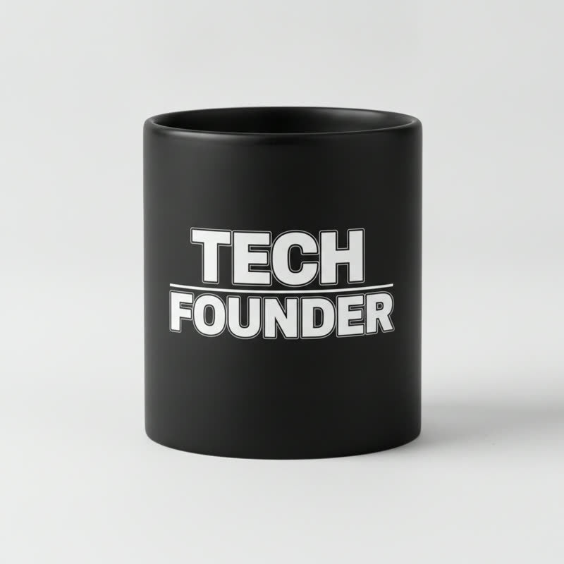 Matte black 11oz ceramic coffee mug printed with TECH FOUNDER