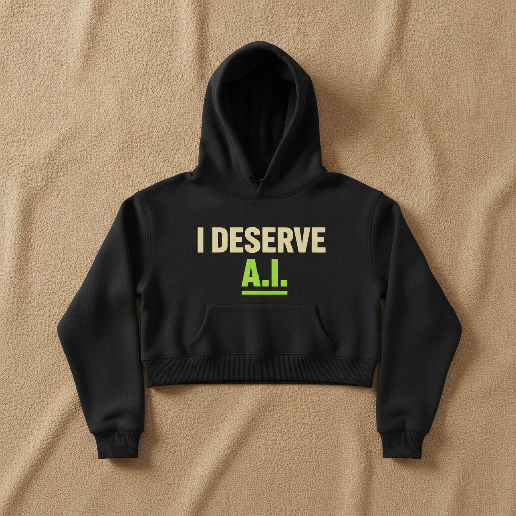 I Deserve AI cropped hoodie in black, printed with I DESERVE in cream and A.I. in green, laid flat on a tan background