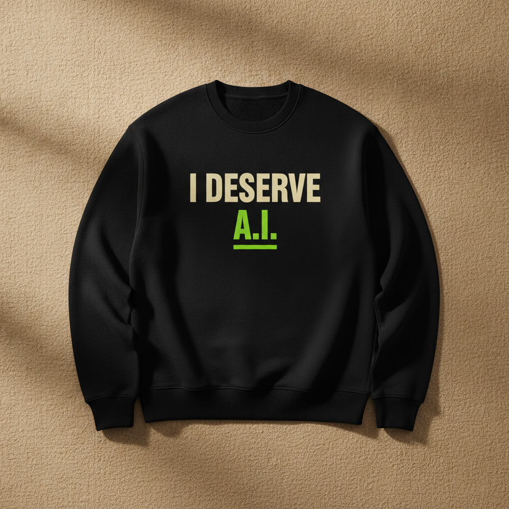 I Deserve AI sweater in black, printed with I DESERVE in cream and A.I. in green, laid flat on a tan background