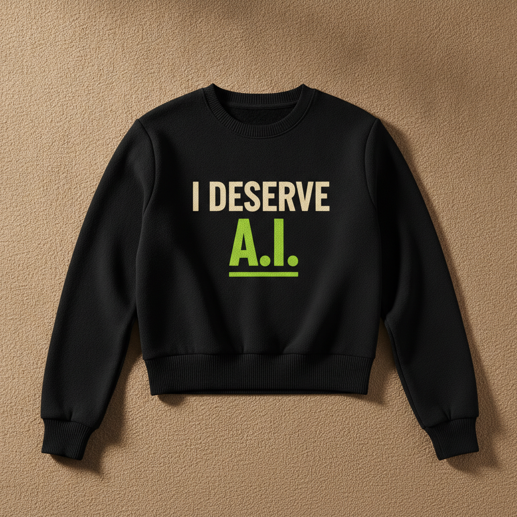 I Deserve AI fitted sweater in black, printed with I DESERVE in cream and A.I. in green, laid flat on a tan background