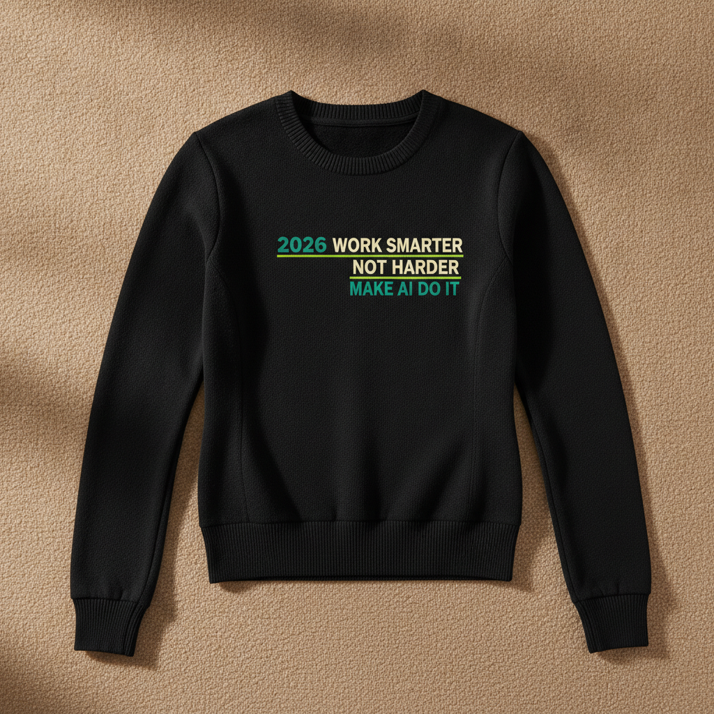 Work Smarter, Not Harder fitted sweater in black, printed with 2026 WORK SMARTER NOT HARDER MAKE AI DO IT in cream, teal and green, laid flat