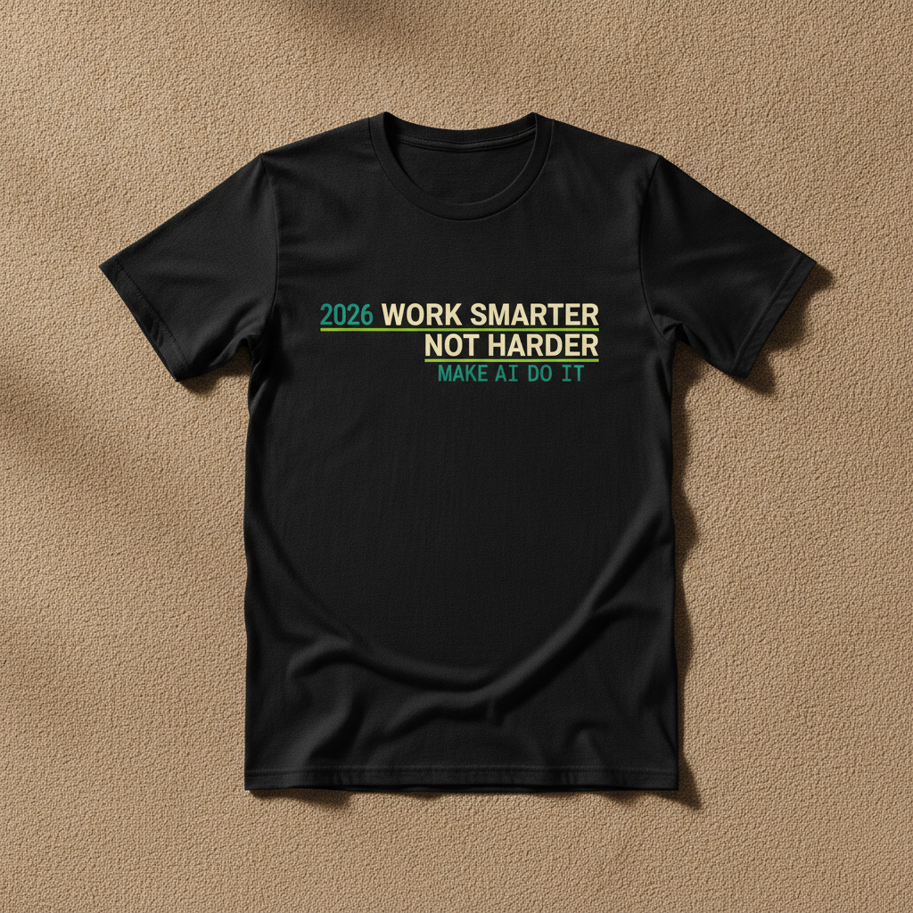 Work Smarter, Not Harder tee in black, printed with 2026 WORK SMARTER NOT HARDER MAKE AI DO IT in cream and teal, laid flat