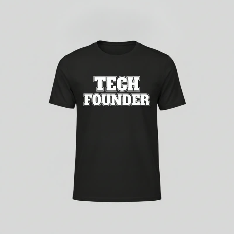 Black crewneck t-shirt printed with TECH FOUNDER in bold white block letters, unisex fit